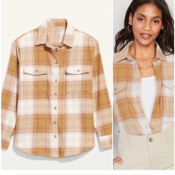 Old Navy Tops - Old Navy Size XL The Boyfriend Shirt Flannel in a Mustard Brown and White